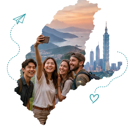 Visitors discovering Taiwan, illustrated inside the shape of Taiwan