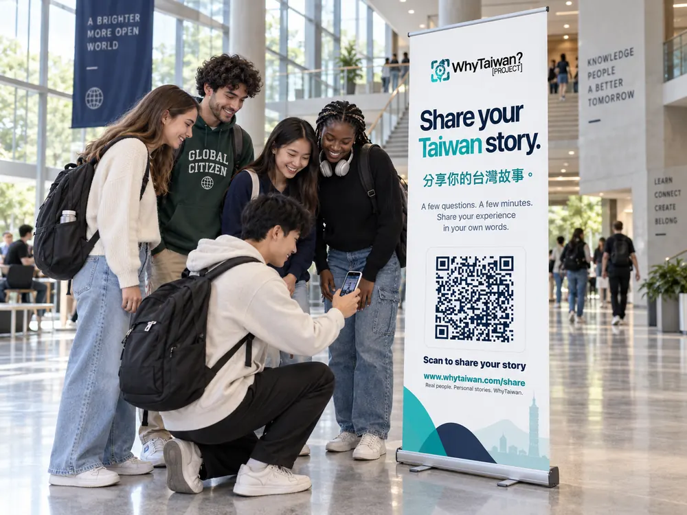 International students scanning a WhyTaiwan story sign on a university campus