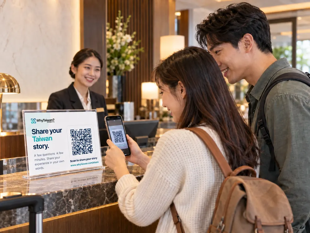 Visitors scanning a WhyTaiwan story QR sign at a hotel front desk