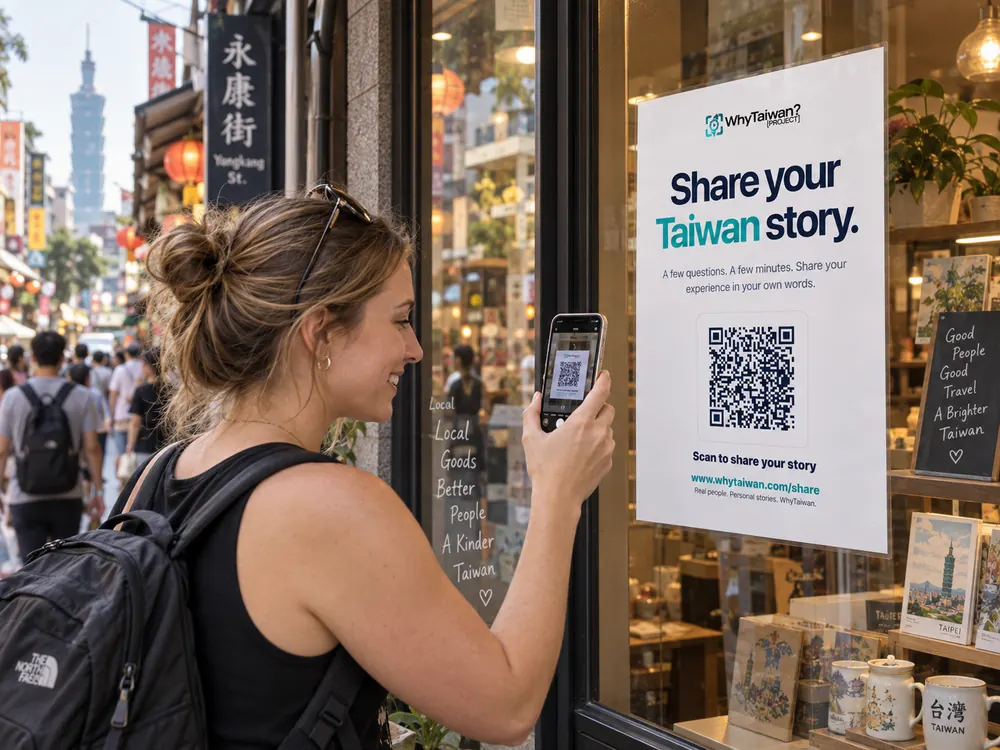 Visitor scanning a WhyTaiwan story poster at a Taiwan store